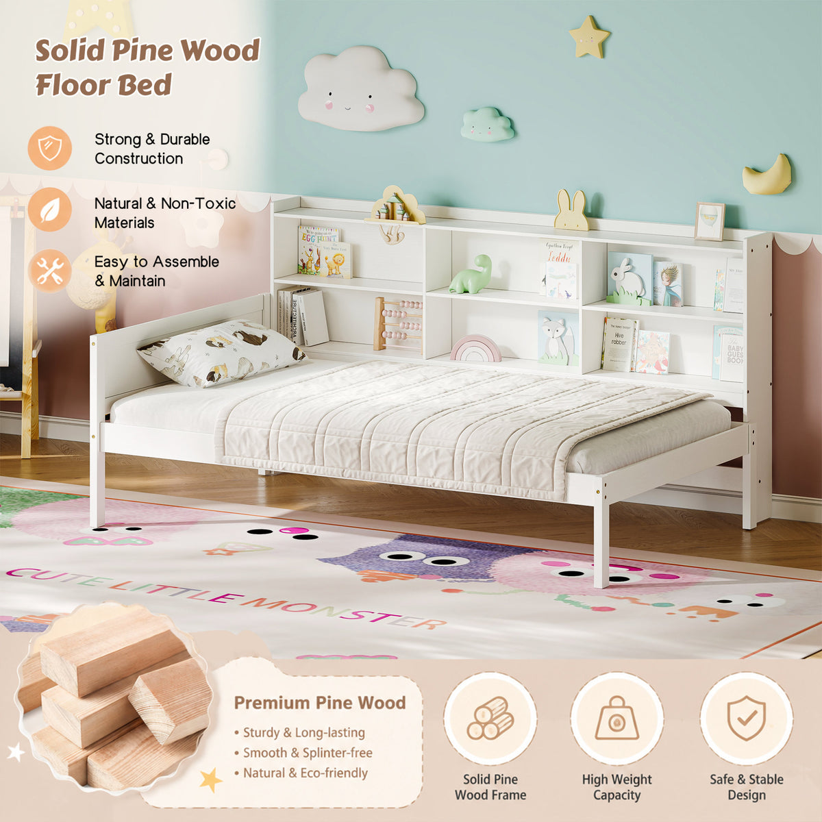 Twin Size Solid Wood Single Bed with Large Multi-compartment Storage Headboard Bookshelf, Simple Solid Wood Bed Frame, Multi-functional Storage Bed for Bedroom,White