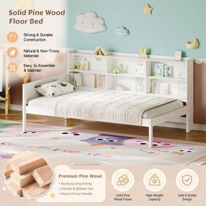 Twin Size Solid Wood Single Bed with Large Multi-compartment Storage Headboard Bookshelf, Simple Solid Wood Bed Frame, Multi-functional Storage Bed for Bedroom,White