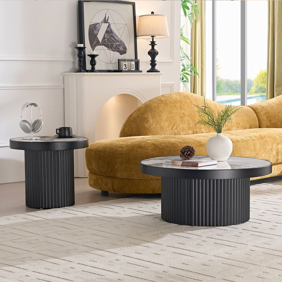 Set of 2 Coffee Table,MDF Round Coffee Table Sintered Stone Tabletop for Living Room Apartment,Leisure Area BLACK