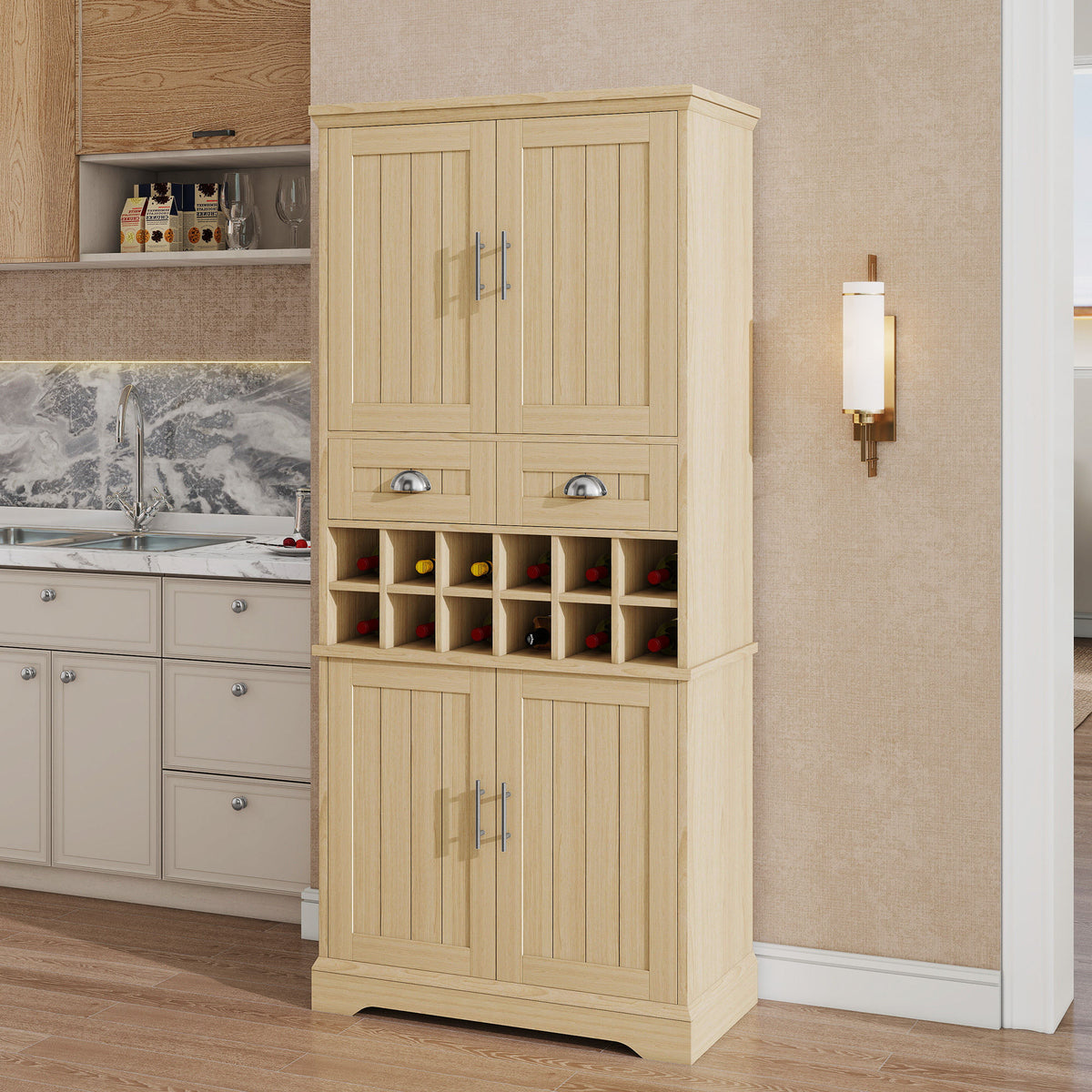 70.9" Tall Farmhouse Wine Storage Cabinet, Removable 12-Bottle Wine Rack, 2 Spacious Drawers, 4 Door Shelves, Adjustable Shelves & 2-Tier Storage Cabinets for Kitchen, Dining Room,Natural