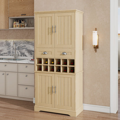 70.9" Tall Farmhouse Wine Storage Cabinet, Removable 12-Bottle Wine Rack, 2 Spacious Drawers, 4 Door Shelves, Adjustable Shelves & 2-Tier Storage Cabinets for Kitchen, Dining Room,Natural