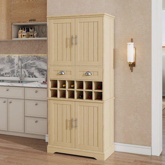 70.9" Tall Farmhouse Wine Storage Cabinet, Removable 12-Bottle Wine Rack, 2 Spacious Drawers, 4 Door Shelves, Adjustable Shelves & 2-Tier Storage Cabinets for Kitchen, Dining Room,Natural