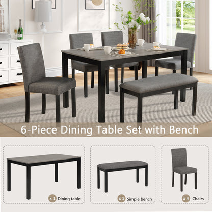 Modern 6-Piece Dining Table Set with Bench and Chairs for Dining Room or Kitchen - Light Grey & Black Two-Tone