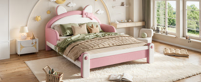 Full Cute Cat Shaped Upholstered Kids Platform Bed, Princess Style Low Profile Children Bed Frame for Bedroom,white&Pink