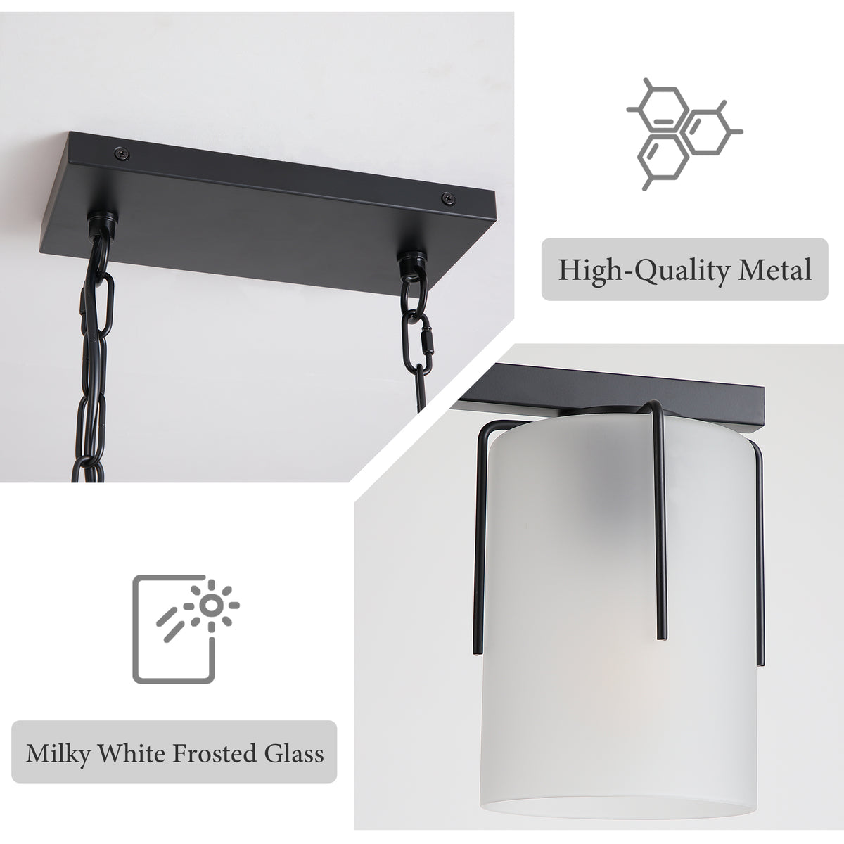 Minimalist 3-Light Linear Chandelier, Matte Black Pendant Lighting with Frosted Glass Shades, E26 Base Adjustable Ceiling Fixture