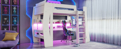 Twin/Full Size Gaming Loft Bed, All-in-One Gaming Bed with Desk, Gaming Bed with Storage, Gaming Loft Bed with Led Light, Esports Style Loft Bed Frame for Teens, Space Saving Loft bed.Beige
