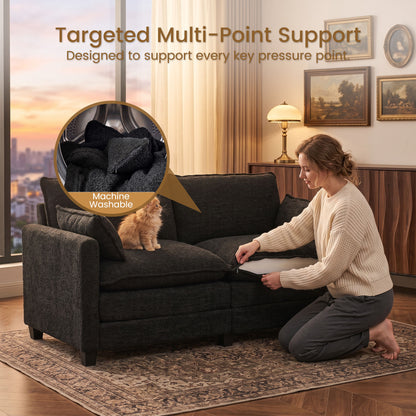 Loveseat Sofa with Cloud 2-Layer Cushion & 27" Deep Seat, Modern Black Couch with 2 Washable Pillows for Small Spaces, Bedroom, Apartment, Office, Living Room
