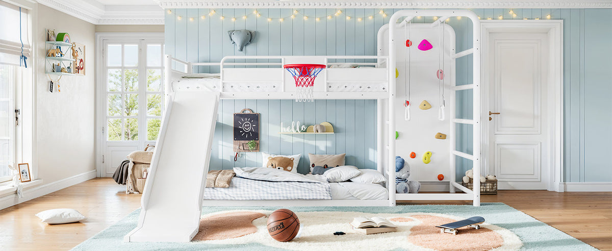 Twin size metal loft/bunk bed with basketball hoop, pull-up rings, climbing wall, and built-in bookshelves. Playful children's design featuring a slide,White.