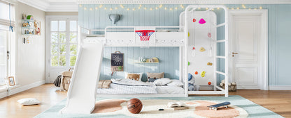 Twin size metal loft/bunk bed with basketball hoop, pull-up rings, climbing wall, and built-in bookshelves. Playful children's design featuring a slide,White.