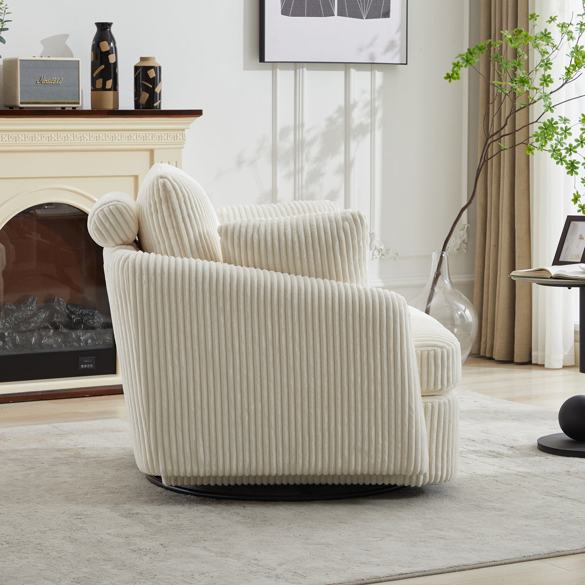40.55''W Swivel Accent Chair With 2 Thorw Pillows 360 Degree Swivel Round Sofa Modern Oversized Arm Chair Cozy Club Chair for Bedroom Living Room Lounge Hotel, Ivory Corduroy