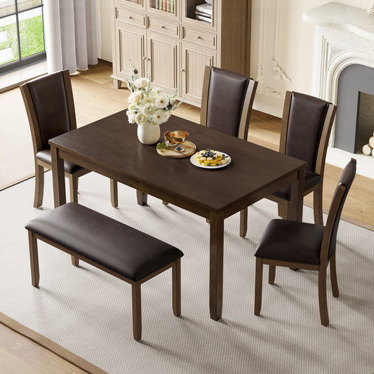 6-Piece Dining Table Set with Bench and Chairs, Wooden dining table set for 6 people, Farmhouse Rustic Style 6 Person Dining Table Set for Dining Room, Kitchen, Dark Walnut