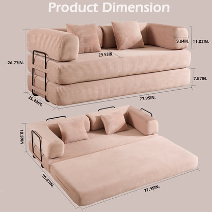 Convertible Sleeper Sofa Bed with Cylindrical Pillow, Corduroy Folding Mattress Couch with Fixed-Shape Frame, Floor Sofa Lounge Couch - Pink