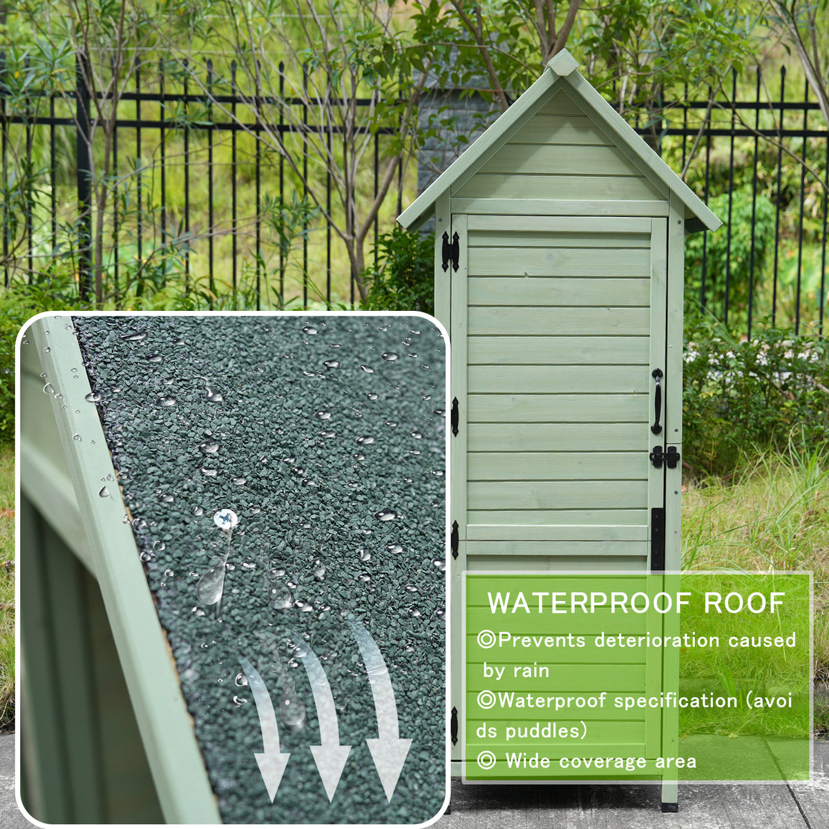 Outdoor Wooden Storage Shed, Tall Narrow Garden Tool Cabinet with Lockable Door & 2 Shelves, Waterproof Asphalt Roof, Vertical Tool Organizer for Patio, Backyard, Lawn