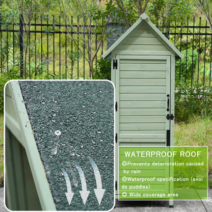 Outdoor Wooden Storage Shed, Tall Narrow Garden Tool Cabinet with Lockable Door & 2 Shelves, Waterproof Asphalt Roof, Vertical Tool Organizer for Patio, Backyard, Lawn
