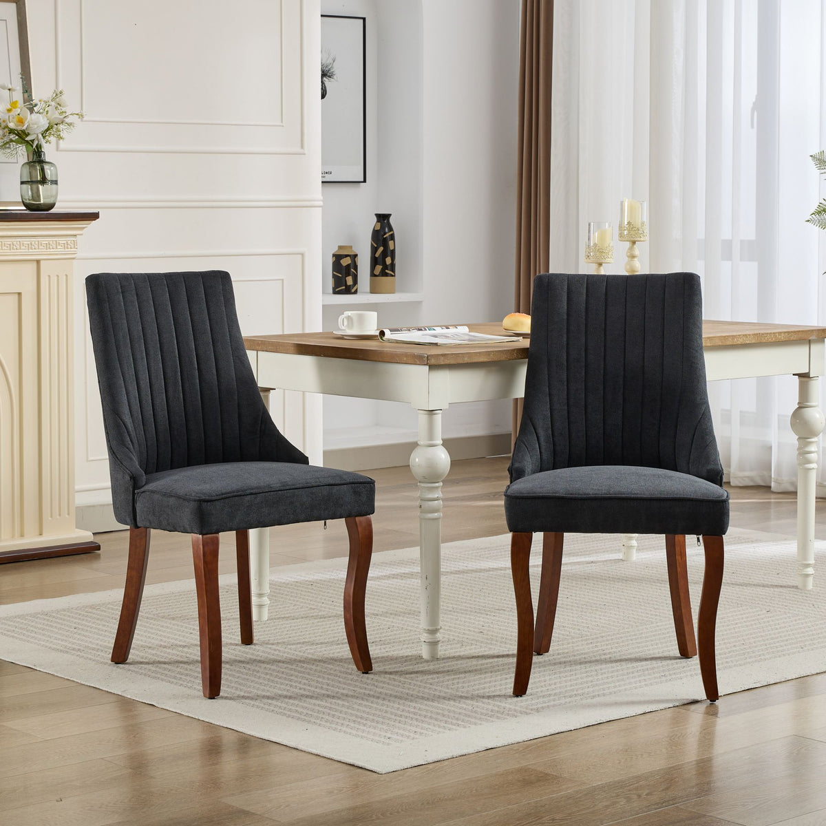 Rayon Cloth Flocking Linen Dining Chairs Channel Kitchen Dinner Chair Comfy Fabric Upholstered Accent Chair for Dining Room with Curved - Black