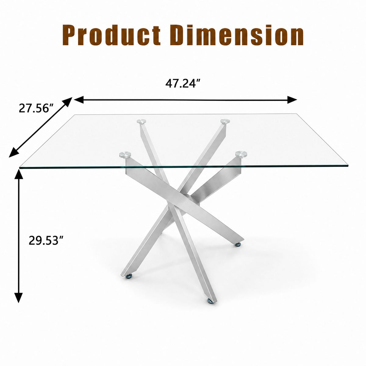 Modern Rectangular Glass Table, 47.24 Inches Of Tempered Glass With A Silver Frame.Kitchen Table Set for Dining Room, Party Table,Conference table,Living Room,Office,Cafe,Home Kitchen,Bedroom