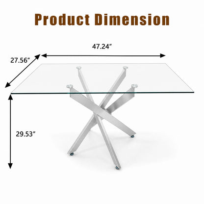 Modern Rectangular Glass Table, 47.24 Inches Of Tempered Glass With A Silver Frame.Kitchen Table Set for Dining Room, Party Table,Conference table,Living Room,Office,Cafe,Home Kitchen,Bedroom
