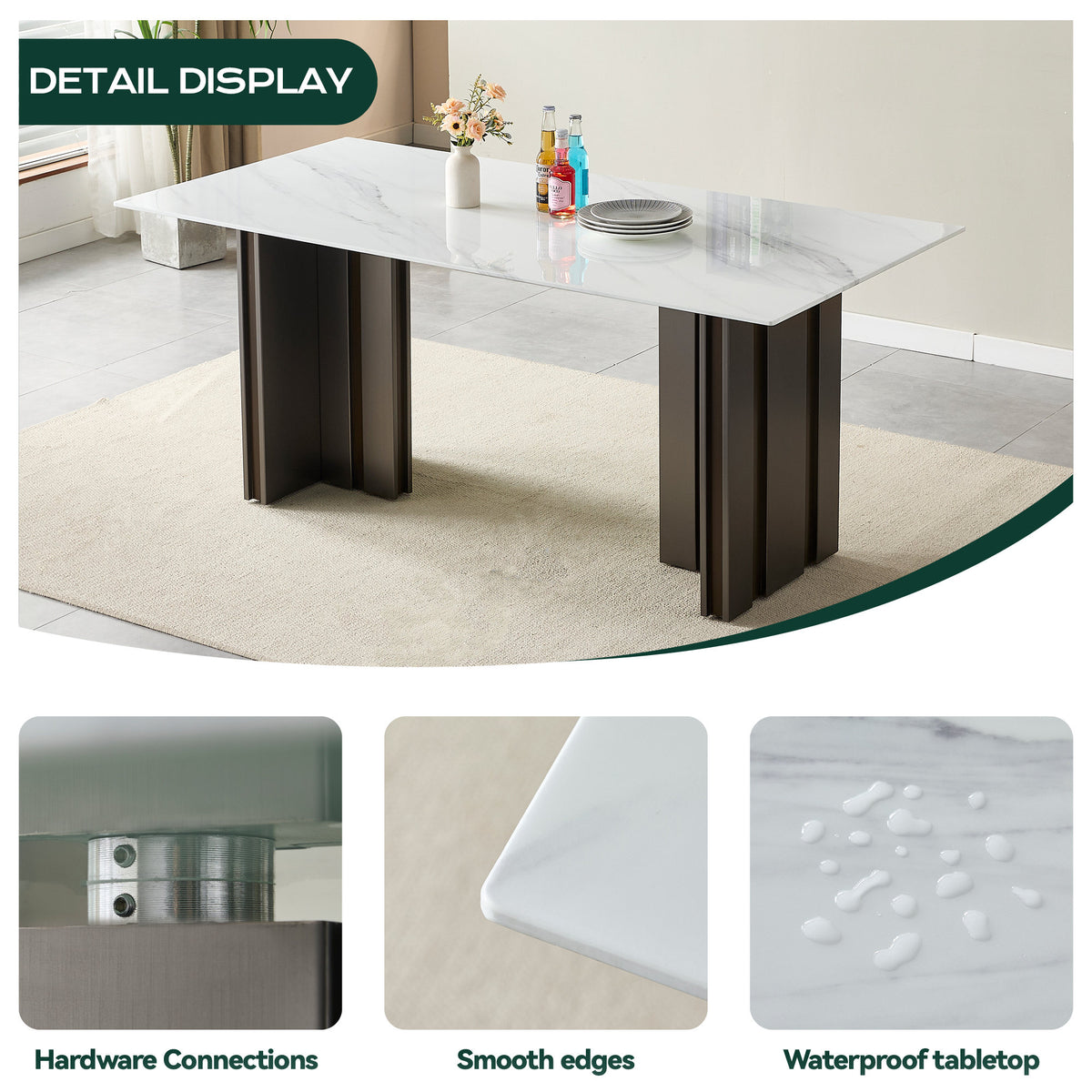 Modern Rectangular Dining Table, Tempered Glass with Marble Texture Top, Matte Gray Brushed Metal Legs, 4-6 Person Capacity, White Marble Finish, 69.30 Inch
