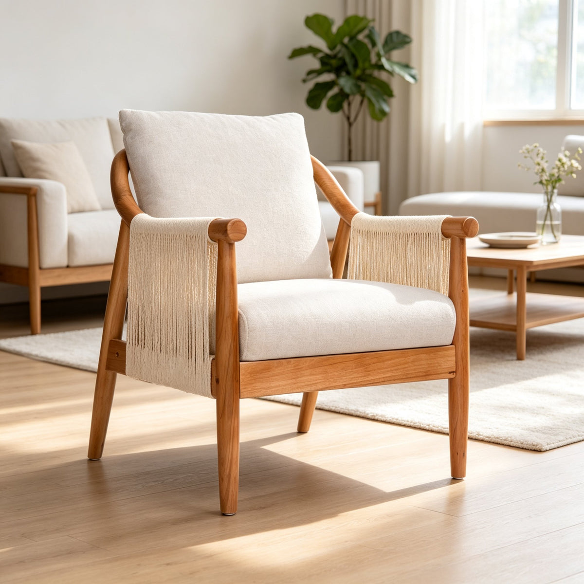 Accent Chair, Solid Hardwood Frame with Hand-Woven Paper Rope Arm, Mid-Century Modern Armchair with Soft Linen-Blend Cushion, Natural Wood Finish for Living Room, Bedroom, Reading Nook, Entryway