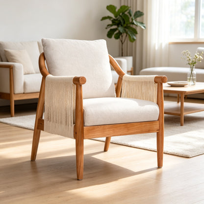 Accent Chair, Solid Hardwood Frame with Hand-Woven Paper Rope Arm, Mid-Century Modern Armchair with Soft Linen-Blend Cushion, Natural Wood Finish for Living Room, Bedroom, Reading Nook, Entryway