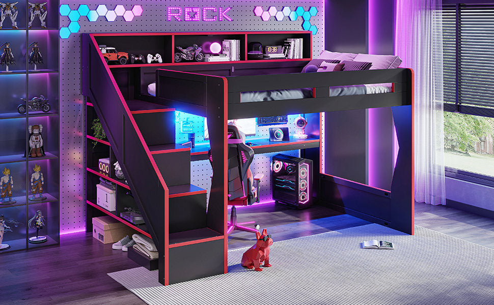 Queen Size Gaming Loft Bed with Storage Stair & Open Headboard Shelves, LED Light & USB Charging Desk, Elevated Loft Bed Frame with House-Shaped Cutout Design for Gamers,Black&Red