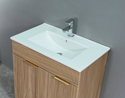 Goodyo 30" Mid-Century Modern Bathroom Vanity with White Ceramic Sink Combo Set, Freestanding Fluted MDF Cabinet with 1 Door and 2 Drawers, Gold Finish Handles, Natural Walnut Pattern