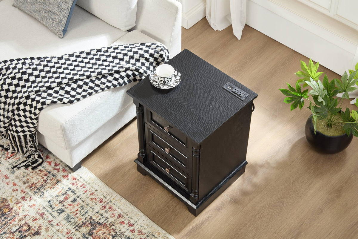 Farmhouse Style 3 Drawer Sofa Side Table with Charging Pedestal, Tall Rustic Wood Square Nightstand with Wooden Base and Roman Posts Rustic Chest of Drawers for Living Room, Bedroom, Office