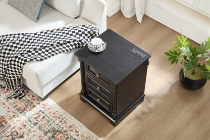 Farmhouse Style 3 Drawer Sofa Side Table with Charging Pedestal, Tall Rustic Wood Square Nightstand with Wooden Base and Roman Posts Rustic Chest of Drawers for Living Room, Bedroom, Office