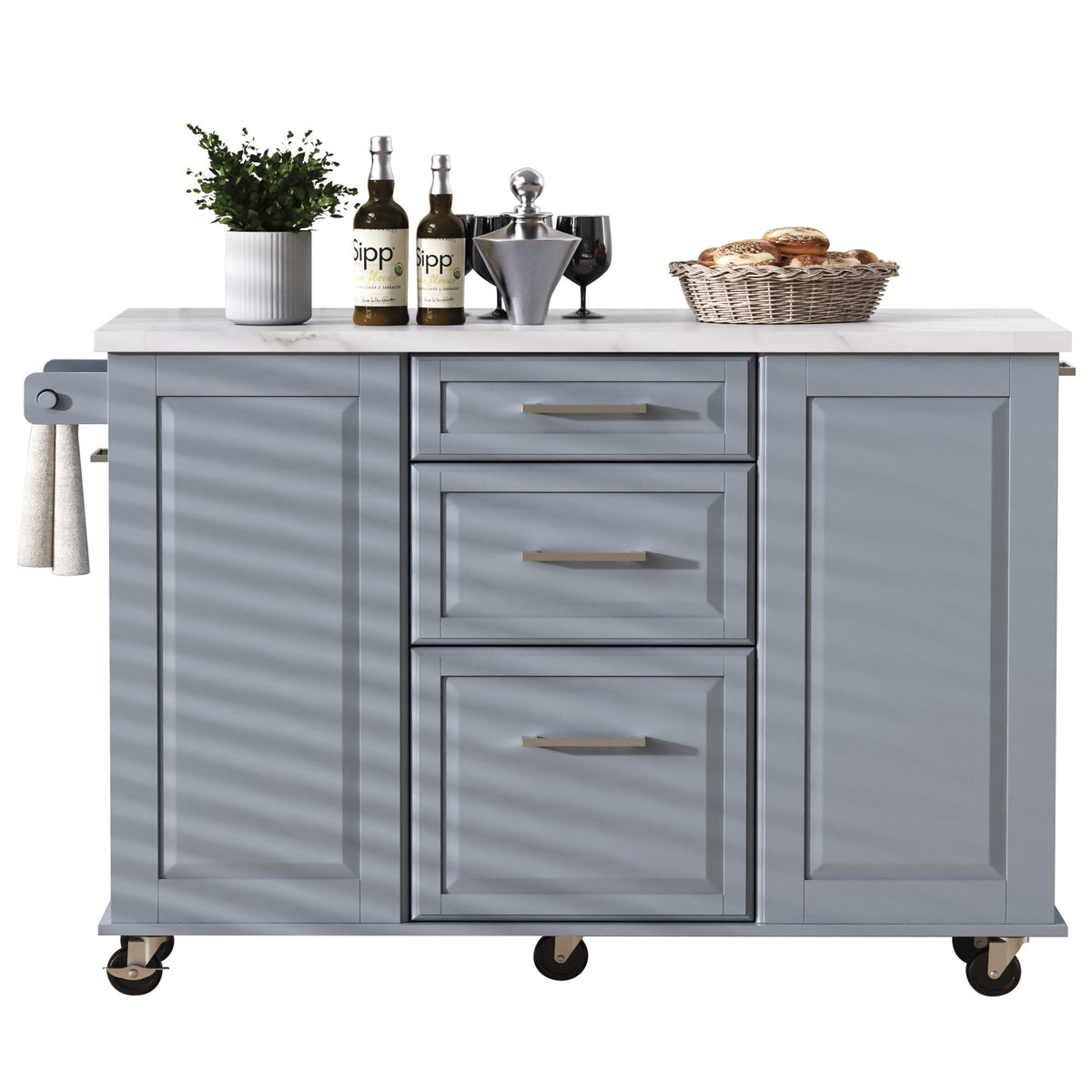 K&K 50.7" Kitchen Island with Storage Tilt Trash Can Cabinet and Pull Out Cabinet Organizer – Blue