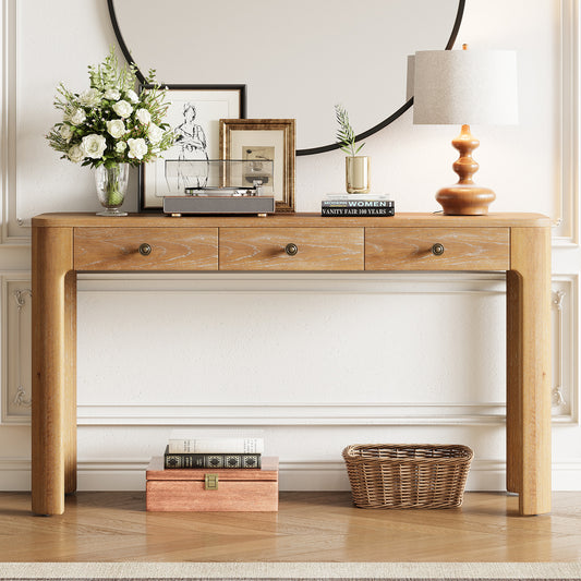 TREXM Rustic Console Table with Curved Corners for Safety, Entryway Table with 3 Concealed Drawers