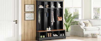 Farmhouse Hall Tree with 8 Hooks, Practical Entryway Bench with Open Compartments, 76.7'H Modern 3-in-1 Wooden Style Coat and Shoe Rack for Mudroom, Living Room, Black