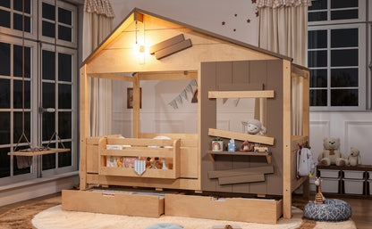 Twin Size Farmhouse Spliced House Bed with Window Shelf & Side Hooks, Playhouse Bed Frame with Underbed Storage Drawers and LED,Light Natural