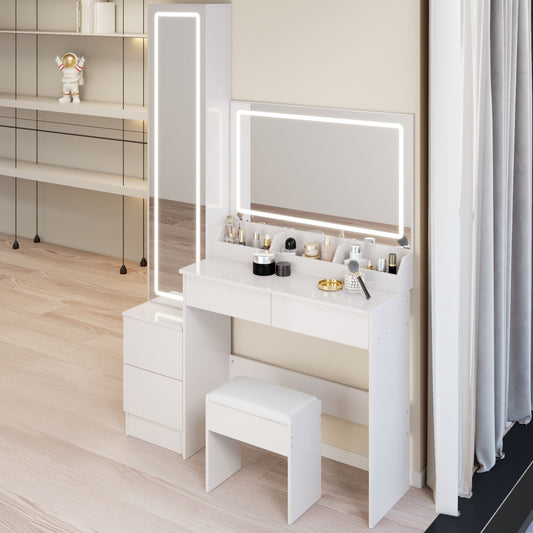 Extra Large LED Mirror Vanity Table + LED Dressing Mirror Cabinet + Cushioned Stool, Double Large LED Mirror, Touch Control, 3-color Switch