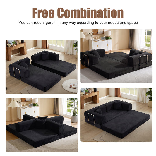 Convertible Sofa Bed, Folding Floor Couch Corduroy Fold Out Couch Bed Futon Sleeper Mattress with Pillows, Boneless Sofa for Living Room Bedroom,BLACK