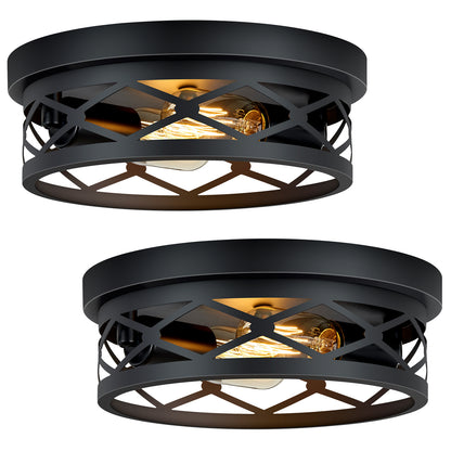 2 Pack 2-Light Matte Black Industrial Flush Mount Ceiling Light, Farmhouse Round Ceiling Lamp for Hallway Kitchen Entryway(No light bulb)