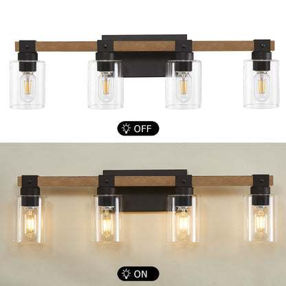 4-Light Farmhouse Vanity Light, Antique Wood Bathroom Wall Light with Clear Glass Shades, Mirror Lighting for Bedroom & Hallway, No Bulbs Included