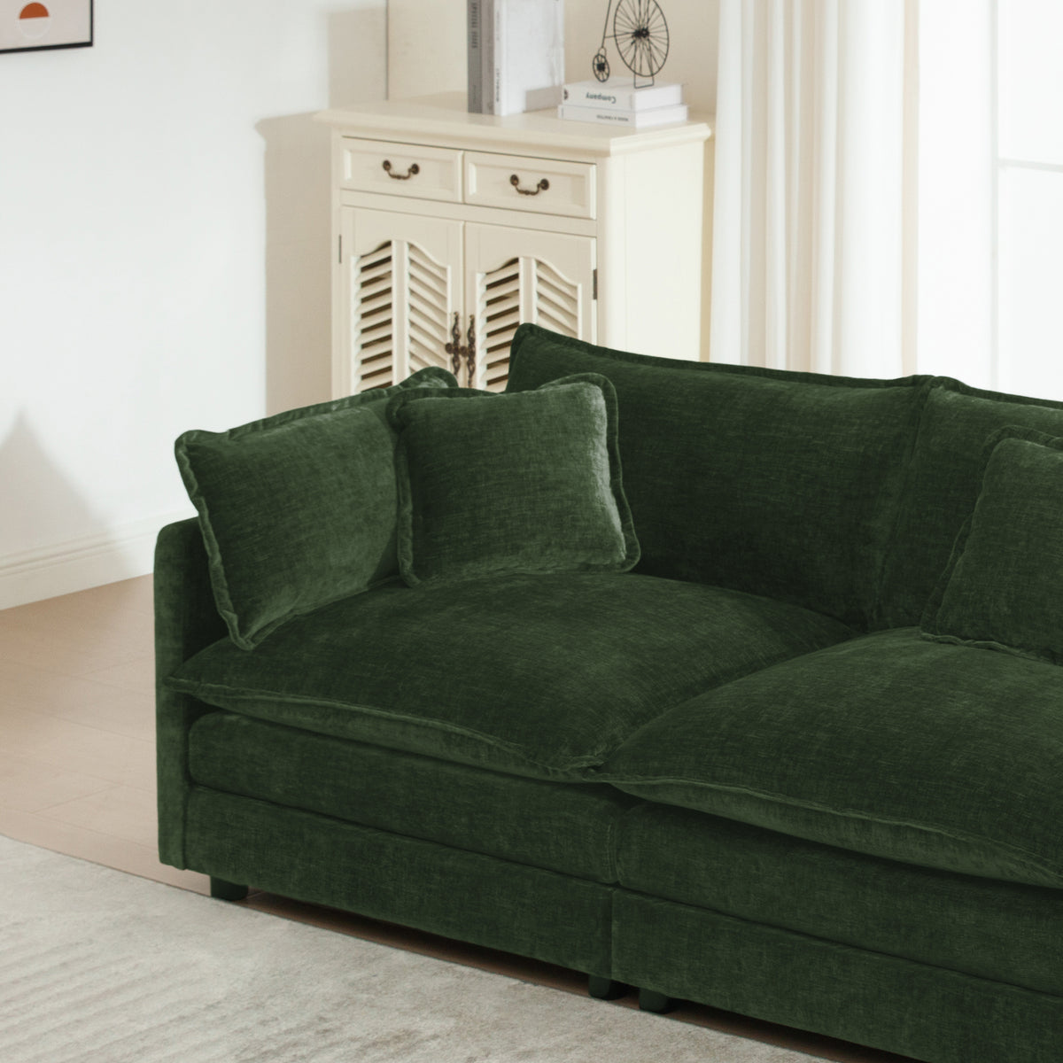 Accent Chair Set of 2, High-end Chenille Upholstered Armchairs, Living Room Side Chairs with Toss Pillow, Green Chenille