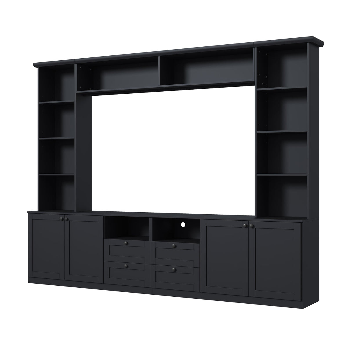 Farmhouse Elegant Entertainment Center Wall Unit with 4 Drawers, Modern Built in TV Stand with Bridge for TVs Up to 70", All-in-One Media Console with Adjustable Shelves for Living Room, Black