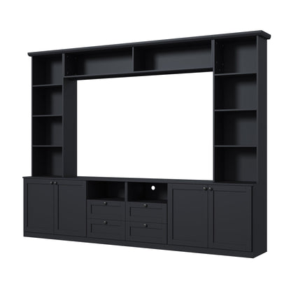 Farmhouse Elegant Entertainment Center Wall Unit with 4 Drawers, Modern Built in TV Stand with Bridge for TVs Up to 70", All-in-One Media Console with Adjustable Shelves for Living Room, Black