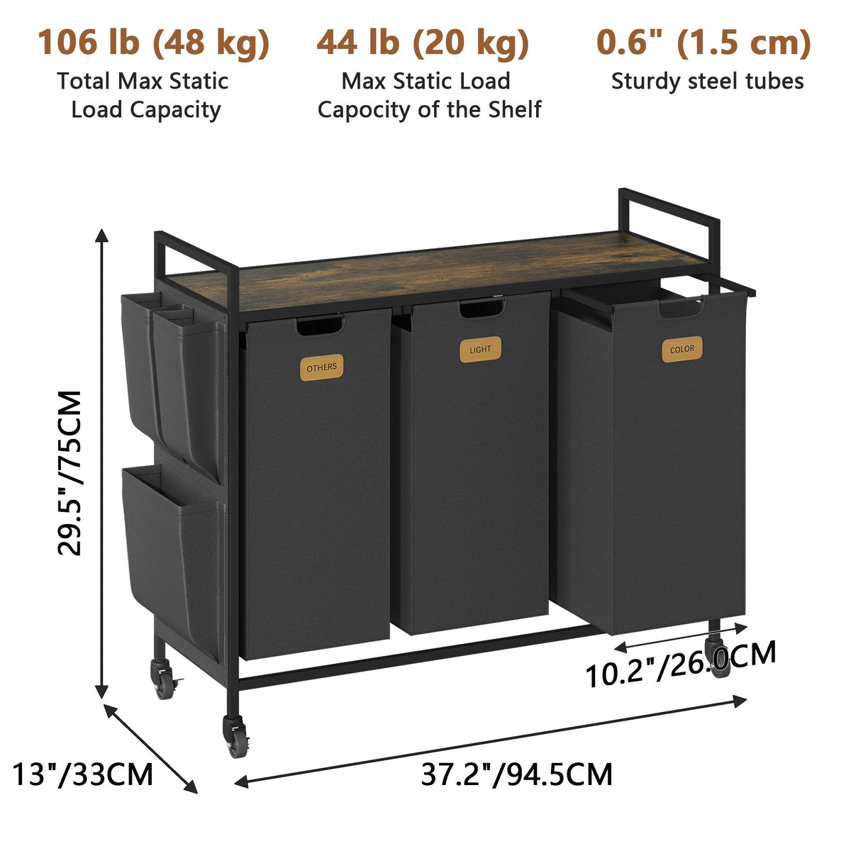 3 Section Laundry Hamper, Laundry Sorter with Wheels, Laundry Basket Organizer with Shelf & 3 Pull-Out Removable Bags, Dirty Clothes Hamper Organizer for Laundry Room Bathroom Dorm ,39.6 gallons(150L)
