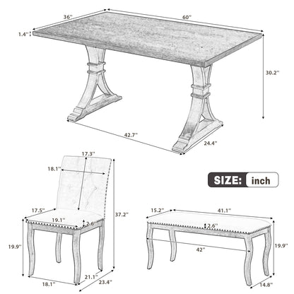 TREXM 6-Piece Dining Table Set with Bench, Oak Finish Dining Room Table Set with 4 Upholstered Button Tufted Chairs, Nailhead Trim, Curved Wood Legs, Farmhouse Kitchen Dining Furniture (Natural)