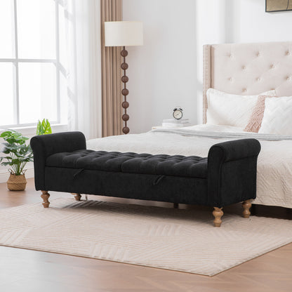 65.75" Wide Modern Upholstered  Storage Bench With Double Lids, Napped fabric Foot Stool With Rolled Armrest, Bench Daybed With Rubberwood Legs For Living Room, Entryway, Dormitory, Bedroom,Black