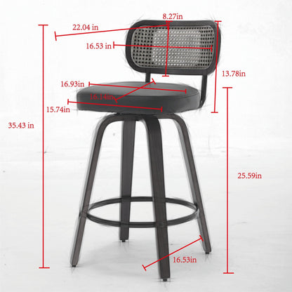 Set of 2 Counter Height Bar Stools - 26 inch Rattan Counter Height Stools with Cane Back, Upholstered Seat, Walnut Craftsmanship, Swivel Counter Stools for Island/Kitchen/Counter/Bar (Walnut /Beige)