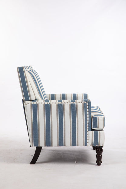 Upholstered Accent Chair, Vintage Armchair with Solid Wood Legs, Blue and White Striped Linen Fabric and Nailhead Trim for Living Room