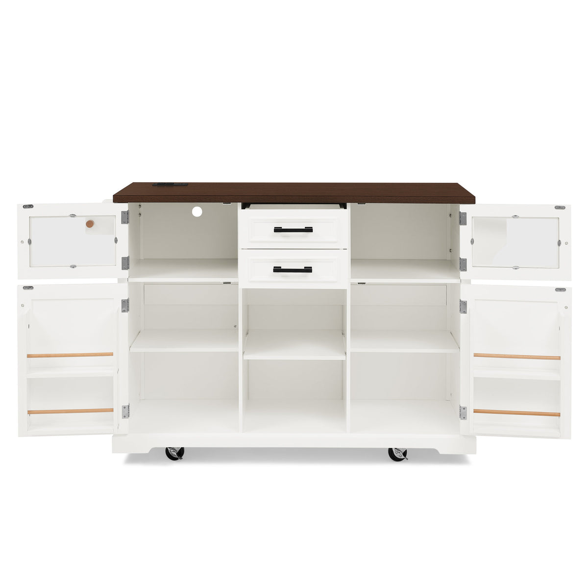 47.2" Kitchen Island with Drop Leaf, Power Outlet, Rolling Kitchen Storage Cart on 4 Wheels with 4 Door Shelves, Cross Barn Doors & Visual Glass Door for Kitchen,White