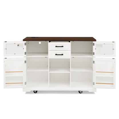 47.2" Kitchen Island with Drop Leaf, Power Outlet, Rolling Kitchen Storage Cart on 4 Wheels with 4 Door Shelves, Cross Barn Doors & Visual Glass Door for Kitchen,White