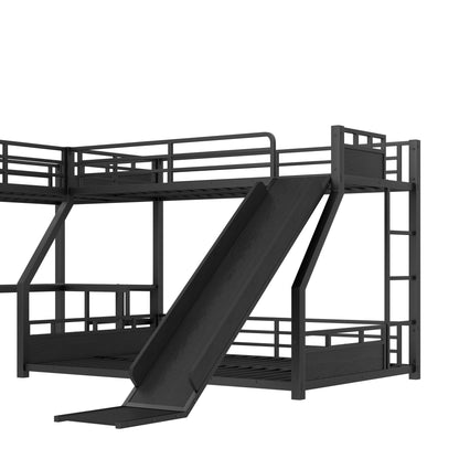 L-Shaped Metal Bunk Bed (Top bed: twin xl, bottom bed: queen) with Single Loft Bed, Desk, and Storage Shelves, USB Charging Port Included - Metal Triple Bunk Bed with Slide,B