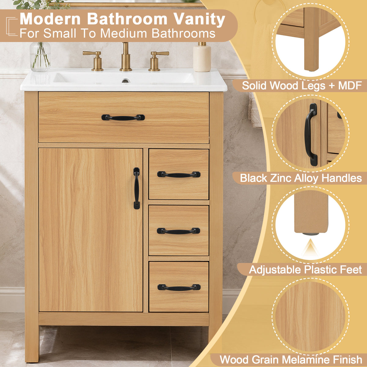 24 Inch Modern Traditional Bathroom Vanity with Ceramic Sink, MDF Cabinet & Solid Wood Legs, Black Zinc Alloy Handles, Wood Grain Melamine Finish