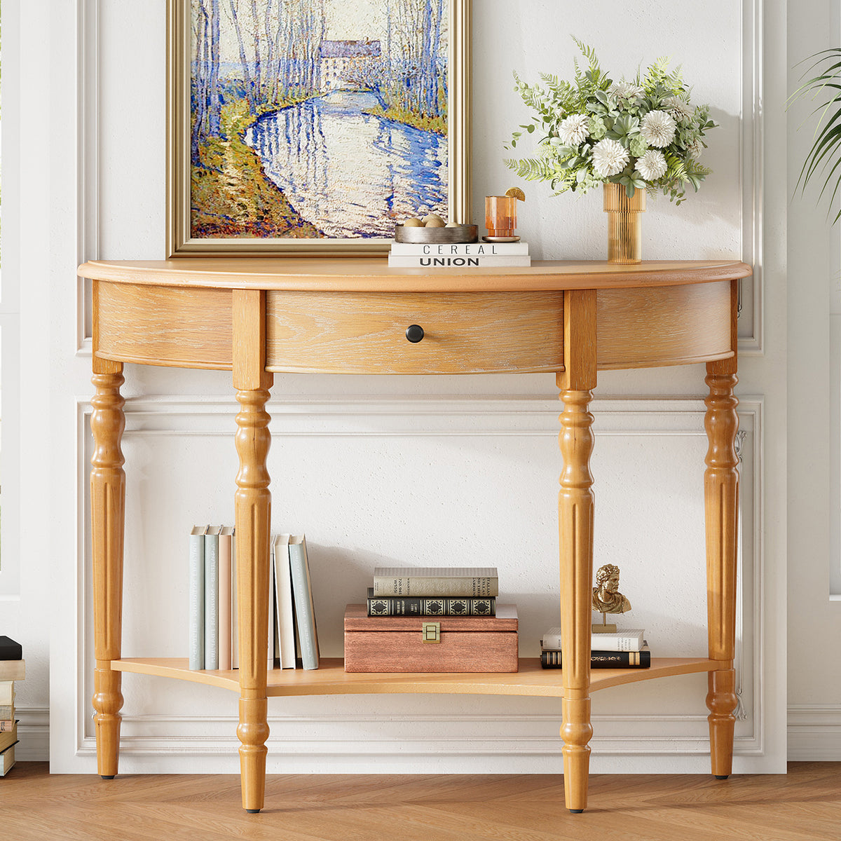 TREXM Farmhouse Half Moon Console Table with Drawer & Shelf - Rustic Accent Table, Sofa Table, Hallway and Foyer (Natural)