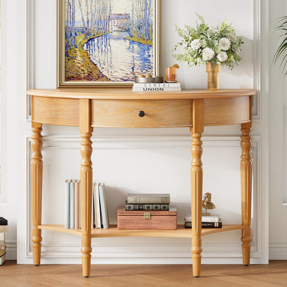 TREXM Farmhouse Half Moon Console Table with Drawer & Shelf - Rustic Accent Table, Sofa Table, Hallway and Foyer (Natural)